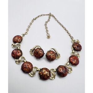 Vintage‎ Coro Red Confetti Cabochon Necklace And Earrings Set
